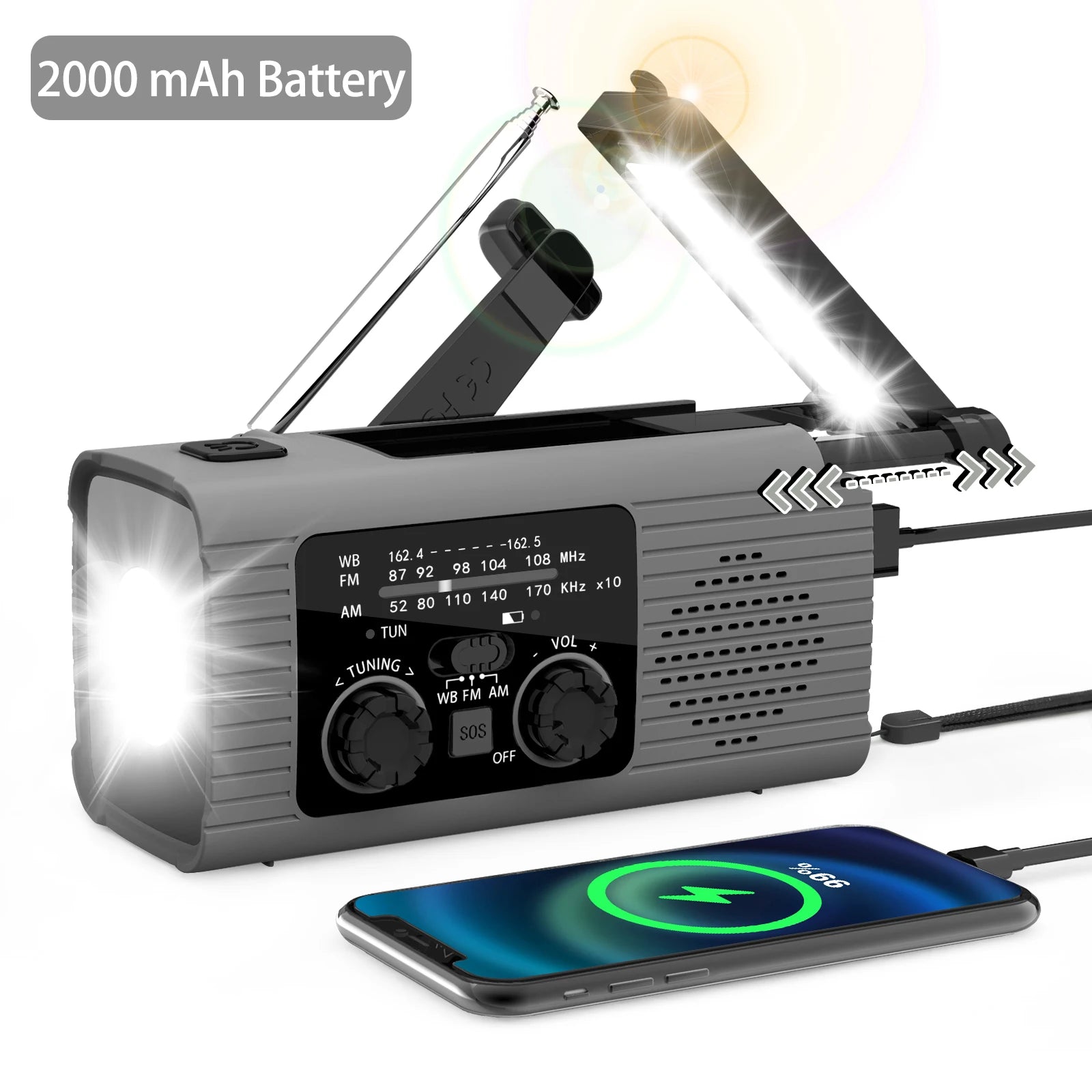 Solar Rechargeable Radio Radio with LED Light Hand Rechargeable Emergency Light Outdoor Adventure Waterproof Emergency Light
